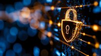Digital security padlock with glowing orange circuits on blue technology background. Cybersecurity, data protection, network safety concept for business presentations.