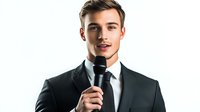 Young Caucasian male professional in black suit and tie holding microphone against white background, confident expression and modern business hairstyle for public speaking events.