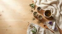 Herbal tea and dried botanicals arranged on wooden surface with cream linen fabric, wooden spoon, and glass bowls containing herbs for wellness and natural remedies.