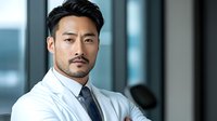 Asian male medical professional in white coat and tie looking confidently at camera against blurred office background. Professional healthcare portrait.