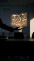 Hand holding glowing holographic dashboard interface with clock and data panels, futuristic technology concept for innovation, digital transformation, and smart solutions.