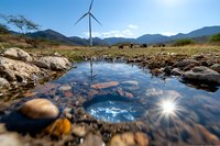 Wind turbine reflected in mountain stream with rocks and sunburst. Sustainable energy generation in natural landscape with cattle grazing in background and mountain range.