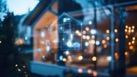 Futuristic smart home hologram projection with glowing blueprint outline against blurred house exterior and bokeh lights at dusk, concept of modern living.