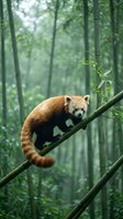 Red panda resting on bamboo branch in misty forest habitat with lush green foliage and natural lighting for wildlife and conservation content.