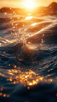 Water splash with golden sunlight creating magical bokeh effect at sunset, waves and droplets catching warm rays in dramatic macro photography.