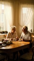 Senior Caucasian couple enjoying morning tea together at kitchen table by sunny window with warm golden light creating cozy domestic atmosphere for retirement lifestyle.