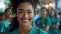 Young African American female healthcare professional with curly hair smiling in hospital setting with medical team in background.