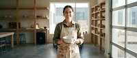 Woman wearing apron holding fresh bread in modern kitchen studio with wooden shelving and natural light from windows.