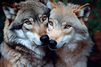 Close up portrait of two wolves with intense eyes touching noses against dark background, showing affection and bonding behavior in natural environment.