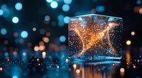 Glowing golden particles form bird silhouette trapped in glass cube against dark background with bokeh lights, creating magical atmospheric scene.