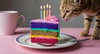 Tabby cat sniffing colorful rainbow layer cake with lit candles on plate, pink cup and surface, celebration and birthday party theme for pets and festive occasions.