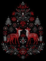 Traditional folk art cross-stitch pattern featuring red deer surrounded by ornamental floral motifs and silver pine trees on black background.