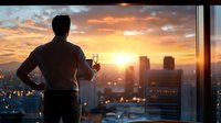 Silhouette of businessman holding champagne glass while watching dramatic sunset over city skyline from luxury penthouse window. Urban lifestyle.