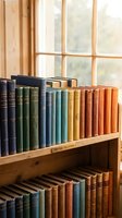 Vintage books arranged on wooden shelves by window creating warm literary atmosphere for reading room or library interior design projects.