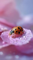 Ladybug on pink flower petal with morning dew drops, macro photography showing detailed insect spots and water droplets in soft dreamy natural light.