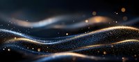 Abstract flowing waves of glowing particles with golden light effects on dark background, creating dynamic motion and luxury atmosphere for design projects.