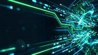 Futuristic digital technology background with glowing green and blue circuit board patterns and light trails for tech presentations and designs.