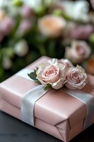 Pink wrapped gift box with white satin ribbon and delicate pale pink roses on top, creating romantic holiday atmosphere against soft blurred floral background.