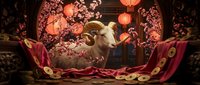 Young goat resting on ornate red velvet cushion in luxurious setting with warm glowing lanterns and decorative carved panels, suitable for fantasy, fairytale, and whimsical themed projects.