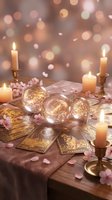 Mystical fortune telling setup with tarot cards, crystal balls, burning candles and rose petals on wooden table with warm bokeh lights for spiritual guidance.