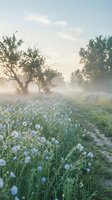 Misty morning landscape with blue wildflowers blooming along country path, soft sunlight filtering through trees creating dreamy atmospheric scene.