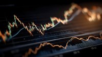 Financial market data visualization with glowing charts and graphs showing trading analytics on dark background for investment analysis and economic forecasting.