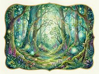 Watercolor enchanted forest with glowing lights, mushrooms, and wildflowers, framed in ornate border on white background.