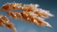 Macro shot of golden wheat ear with morning dew drops glistening in sunlight against blurred blue background, creating natural bokeh effect. Agricultural harvest concept.