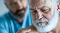 Senior Caucasian male patient with white beard receiving shoulder examination from medical professional in blue scrubs, healthcare setting with soft lighting.