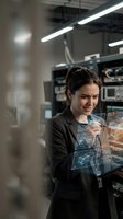 Young Caucasian female scientist analyzing holographic data displays in modern laboratory with advanced technology equipment and digital interface projections.