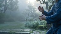 Asian man practicing tai chi in misty park at dawn with soft sunlight filtering through trees creating peaceful morning meditation atmosphere.