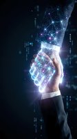 Businessman hand holding glowing digital network connections with futuristic holographic data visualization against dark cityscape background.