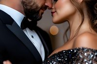 Close-up of elegant couple in evening attire sharing intimate moment, bearded man in tuxedo and woman in sparkling sequin dress against blurred background.