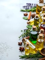 Essential oils in glass bottles with fresh herbs and spices on white background for aromatherapy and natural wellness treatments.