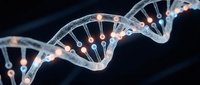 DNA double helix structure with glowing nodes against dark background, representing genetic research, biotechnology, and molecular science for medical and educational applications.