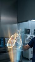 Medical professional examining holographic gallbladder anatomy in modern healthcare facility for surgical planning and patient education.