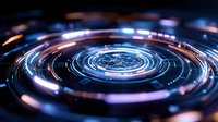 Futuristic circular technology interface with glowing blue light effects and digital elements on dark background creates modern sci-fi atmosphere.