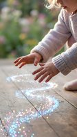Young child playing with colorful glitter on wooden deck outdoors, hands reaching toward sparkling confetti scattered on floor for creative play activities.