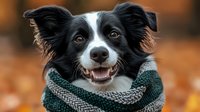 Happy Border Collie dog wearing knitted scarf outdoors in autumn park. Smiling black and white purebred pet with expressive eyes against blurred fall background.