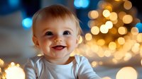 Smiling baby in white outfit against blurred Christmas lights background creating magical holiday atmosphere with warm golden and blue bokeh effect.