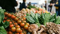 Fresh organic vegetables including tomatoes, mushrooms and leafy greens displayed at farmers market stand with blurred shoppers in background.