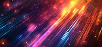 Vibrant cosmic light trails with glowing particles streak across dark space in neon blue, pink, and orange colors creating dynamic motion effect for backgrounds.