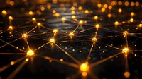 Glowing orange network nodes connected by illuminated lines create dynamic neural pattern against dark background, illustrating digital connectivity concept.