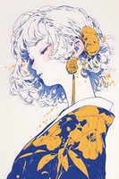 Artistic portrait of young woman with white curly hair in profile, wearing traditional Asian robe with yellow and blue floral pattern, decorated with matching flowers.