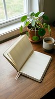 Open notebook with blank pages on wooden desk beside potted plant and coffee cup near window creating peaceful workspace atmosphere for writing and creativity.