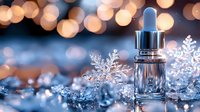 Luxury cosmetic dropper bottle with crystal snowflakes on blue background with golden bokeh lights. Winter skincare and beauty product photography.