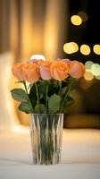 Fresh peach roses in crystal vase against soft bokeh background with warm golden lights creating romantic atmosphere for celebrations and special occasions.