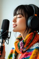 Young Asian woman in colorful knit sweater recording vocals with professional microphone and headphones, eyes closed with peaceful expression and gentle smile.