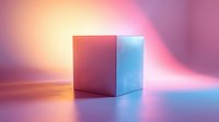 Minimalist cube on gradient background with pink and blue neon lighting creating dramatic shadows and reflections. Suitable for modern design projects.