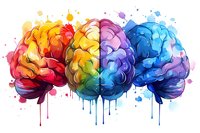 Colorful watercolor brain illustration with vibrant rainbow hues from red to blue, showing creative and logical hemispheres with paint drip effect.